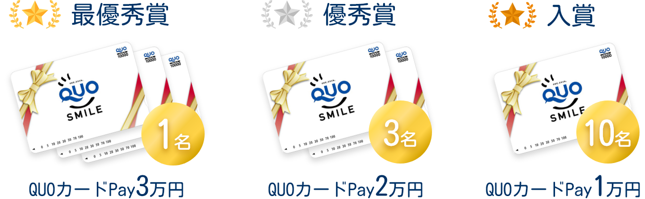 最優秀賞：QUOカードpay3万円（1名）/優秀賞：QUOカードpay2万円（3名）/入賞：QUOカードpay1万円（10名）